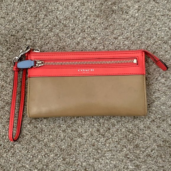 Coach Handbags - Coach Coral and Tan Wristlet/Wallet